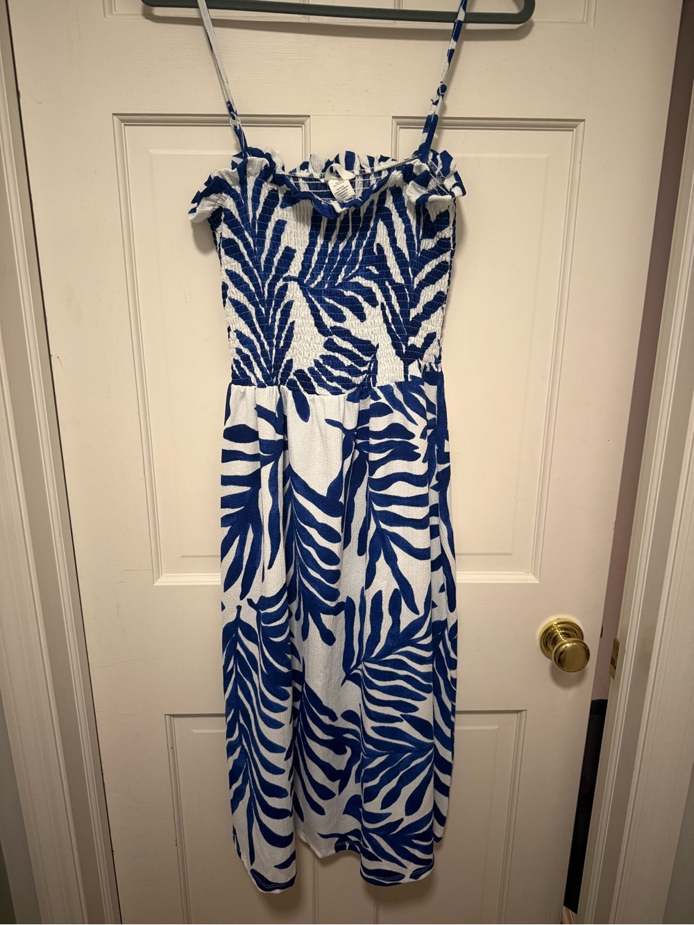 Blue and White Tropical Leaf Print Sundress